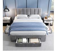 Plaque épaissieLit rembourré en velours 140 x 200 cm avec cadre à lattes, avec dossier, avec 4 tiroirs, gris