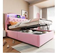 Plaque épaissieLit rembourré enfant 90x200, lit simple velours lit multifonction avec LED et espace de stockage USB, rose