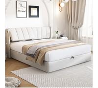 Plaque épaissieLit rembourré LED binaural 140 x 190 cm, lit hydraulique, port USB rechargeable dans le lit, avec éclairage LED, av