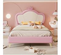 Plaque épaissieLit rembourré, lit d'enfant, avec bords de protection souples, tête de lit avec couronne, pieds de lit en métal, él