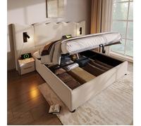 Plaque épaissieLit rembourré Lit double 180×200 avec lampe de lecture et fonction de chargement USB Type-C, Lit de rangement Cadre