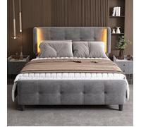 Plaque épaissieLit rembourré, lit double avec bandes LED de 16 couleurs sur les oreilles latérales, tête et pied de lit piqués, qu