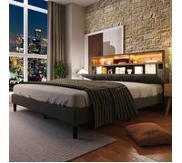 Plaque épaissieLit rembourré Lit double Tête de lit avec éclairage LED Cadre de lit Sommier à lattes en bois,140*200CM Gris(Sans m