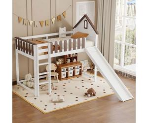 Plaque épaissieLit superposé avec toit et fenêtre avec triple escalier droit, lit Junior, lit bébé avec toboggan, pin + MDF, blanc