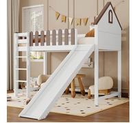 Plaque épaissieLit surélevé, Avec toit et fenêtre, Avec échelle droite à trois barreaux, Lit d'adolescent, Lit d'enfant avec tobog