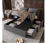 Plaque épaissieLit tapissé, 140*190, sommier hydraulique, trois tiroirs, coffre de rangement, sommier à lattes avec tête de lit, s