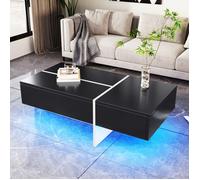 Plaque épaissieTable basse brillante, structure colorblock noir et blanc, meuble de salon, 100*50*34,5cm, avec système d'éclairage