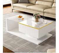 Plaque épaissieTable basse de 90 cm de long, blanc brillant. Tables d'appoint, tables basses avec verre et effet LED