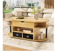 Plaque épaissieTable basse moderne en grain de bois avec fonction de levage, espace de rangement et tiroir en tissu noir - polyval