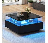 Plaque épaissieTable basse moderne LED haute brillance 70*70*41cm avec 2 tiroirs et zone de présentation transparente - Peut suppo