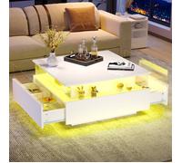 Plaque épaissieTable basse moderne LED haute brillance 70*70*41cm avec 2 tiroirs et zone de présentation transparente - Peut suppo