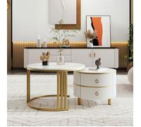 Plaque épaissieTable basse ronde en MDF 2 en 1, table d'appoint avec plateau brillant et 1 plateau en marbre blanc, combinaison de