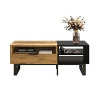 Plaque épaissieTable basse, table de salon avec structure en blocs de couleur, avec compartiments et tiroirs, pieds en métal.