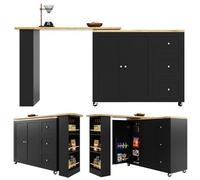 Plaque épaissieTable de bar pivotante à 360° avec roulettes (138 - 209 x 39 x 104 cm), noir, avec trois tiroirs. Equipé d'un porte