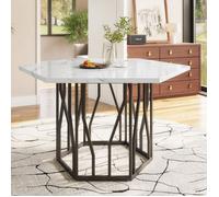 Plaque épaissieTable de salle à manger moderne hexagonale en marbre, structure en métal noir en forme de branche, table basse esth