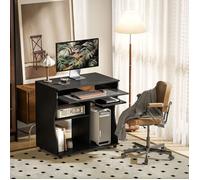 Plaque épaissietable d'ordinateur avec roulettes Bureau avec plateau clavier, étagère, bureau PC noir 80 x 48 x 75 cm