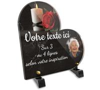 Plaque funéraire Coeur avec photo personnalisable en plexi motif Bougie et rose rouge, différentes tailles, épaisseur 6mm, personnalisée sur plusieurs lignes 15x15 cm