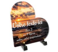 Plaque funéraire Coeur personnalisable en plexi motif Paysage plage et rochers, différentes tailles, épaisseur 6mm, personnalisée sur plusieurs lignes 20x20 cm