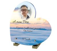 Plaque Funéraire Coeur Personnalisée avec photo et texte - Ciel - plaque funéraire personnalisable coeur à personnaliser - Résistante aux Intempéries et Traitée Anti UV (Nuage Ciel, 21x21 cm (petit))