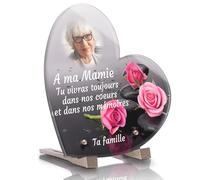 Plaque Funéraire Coeur Personnalisée - Avec photo - Roses Galets - Textes personnalisables, plusieurs lignes - Résistante aux Intempéries et Traitée Anti UV (16x16 cm (petit))