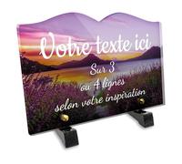 Plaque funéraire Livre Personnalisable en plexi Motif Paysage Fleurs Ponton et lac, différentes Tailles, épaisseur 6mm, personnalisée sur Plusieurs Lignes 22x15 cm