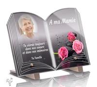 Plaque Funéraire Livre Personnalisée - Roses Galets - Textes Photo personnalisables, plusieurs lignes - Résistante aux Intempéries et Traitée Anti UV (30x20 cm (standard))