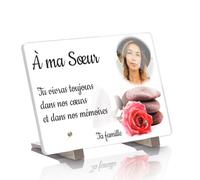 Plaque Funéraire Personnalisable avec photo - Galets Rose Rouge - Résistante aux Intempéries et Traitée Anti UV (40x27 cm (grand)