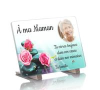 Plaque Funéraire Personnalisable avec photo - Roses Galets Zen - Résistante aux Intempéries et Traitée Anti UV (40x27 cm (grand))