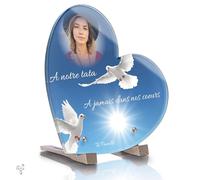 Plaque Funéraire Personnalisable Coeur - Colombe - Plaque Funéraire personnalisée avec photo et texte sans inter funéraire - Résistante aux Intempéries -Traitée Anti UV (Double Colombes)