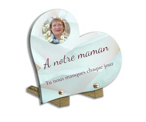 Plaque Funéraire Personnalisée Cœur en Plexiglas 8 mm - Photo et Texte - Résistante UV et Intempéries - Fabrication Française - Pour Tombe, Caveau, Colombarium - 17x17 cm