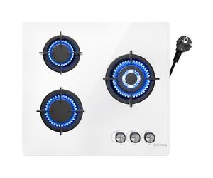 Plaque Gaz 3 Feux Blanc, Plaque de Cuisson Gaz 3 Feux Encastrable, Table de Cuisson 60 cm, Grilles en Fonte, 7,75 kW, Gazs Ville et Bouteille, Verre Blanc