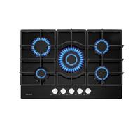 Plaque gaz 5 feux en verre noir - Brûleurs et grilles en fonte - 10 800 Watts encastrement 56x49 cm