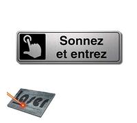 Plaque gravée autocollante 13x4cm Sonnez et entrez fond Alu brossé