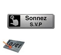 Plaque gravée autocollante 13x4cm Sonnez SVP Fond Alu brossé