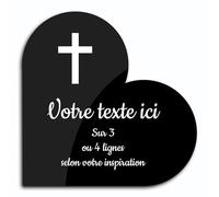 Plaque gravée funéraire motif Croix Chrétienne autocollante modèle coeur (15x15 cm) personnalisée 1 à 3 lignes Noir