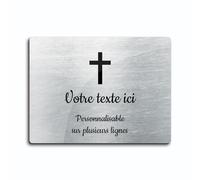 Plaque gravée funéraire motif Croix Chrétienne autocollante modèle rectangle (20x15 cm) personnalisée 1 à 3 lignes Alu Brossé
