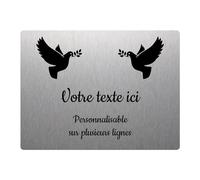 Plaque gravée funéraire motif Deux Colombes avec rameaux autocollante 20x15 cm personnalisée 1 à 3 lignes Alu Brossé
