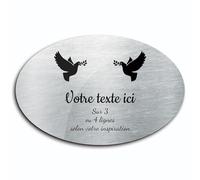 Plaque gravée funéraire motif Deux Colombes avec rameaux autocollante modèle ovale (20x13 cm) personnalisée 1 à 3 lignes Alu Brossé