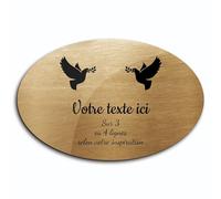 Plaque gravée funéraire motif Deux Colombes avec rameaux autocollante modèle ovale (20x13 cm) personnalisée 1 à 3 lignes Or Brossé