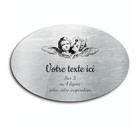 Plaque gravée funéraire motif Deux têtes d'anges autocollante modèle ovale (20x13 cm) personnalisée 1 à 3 lignes Alu Brossé