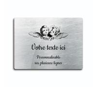 Plaque gravée funéraire motif Deux têtes d'anges autocollante modèle rectangle (20x15 cm) personnalisée 1 à 3 lignes Alu Brossé