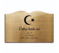 Plaque gravée funéraire motif Islam autocollante modèle livre (20x13 cm) personnalisée 1 à 3 lignes Or Brossé