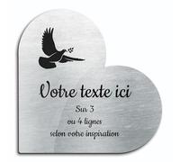Plaque gravée funéraire motif Une Colombe avec rameau modèle 1 autocollante modèle coeur (15x15 cm) personnalisée 1 à 3 lignes Alu Brossé