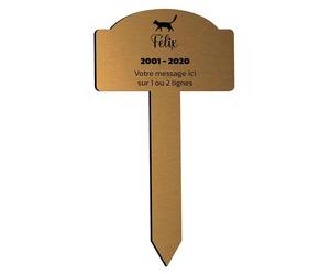 Plaque gravée funéraire pour animaux de compagnie motif Silhouette de chat, à planter 25x14 cm personnalisée 1 à 3 lignes Or Brossé
