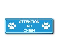 Plaque gravée personnalisée autocollante logo ATTENTION AU CHIEN + logo pattes de chien - 13x4 cm Bleu Clair