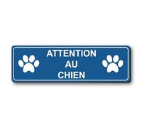 Plaque gravée personnalisée autocollante logo ATTENTION AU CHIEN + logo pattes de chien - 13x4 cm Bleu Foncé