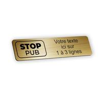 Plaque gravée personnalisée autocollante pour boîte aux lettres - Stop pub - or brossé - format 10x2,5 cm