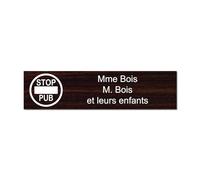 Plaque gravée pour nom boîte aux lettres STOP PUB autocollante 10x2,5cm personnalisée 1 à 3 lignes Bois