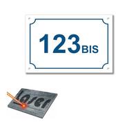 Plaque gravée pour numéro de rue autocollante 15x10cm personnalisée Blanc écriture Bleue