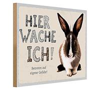 Plaque humoristique en bois | Hier wache ich | Motif lapin | Décoration pour la maison | 40 cm x 30 cm